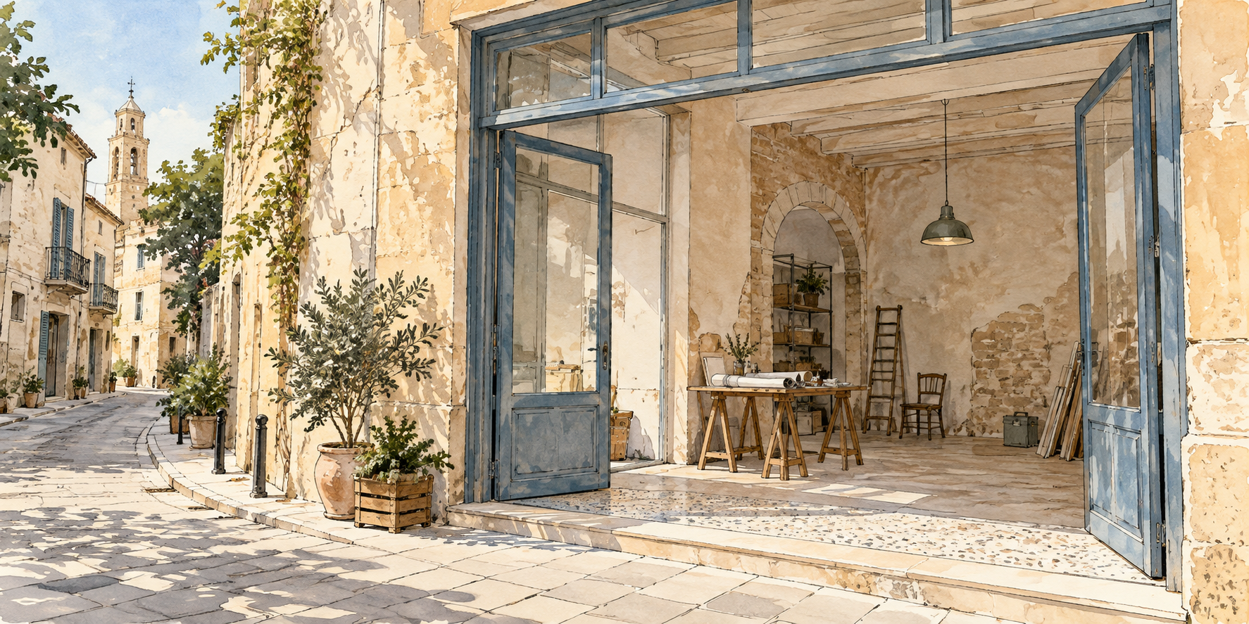 An illustrated Old Nicosia shop, open and ready for a new business.
