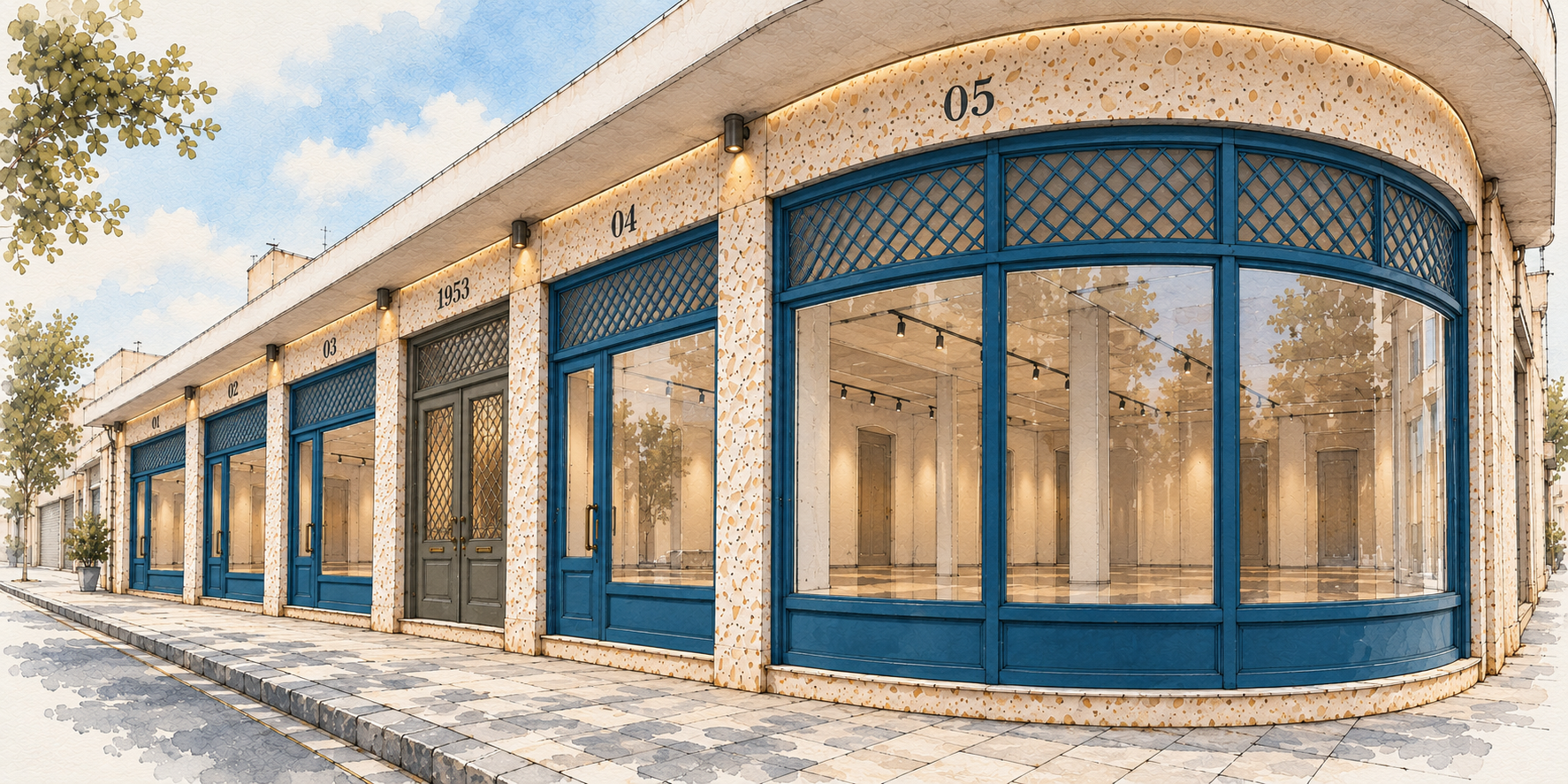 Architectural illustration of Space 05’s curved corner and the ΣΥΝ shopfronts