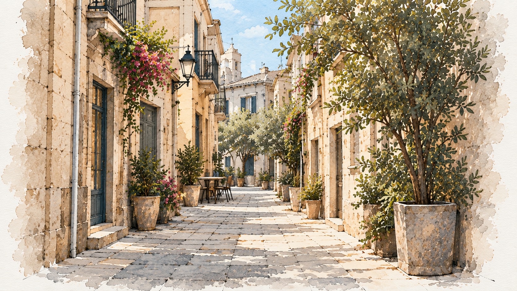 Watercolour street scene inspired by Old Nicosia